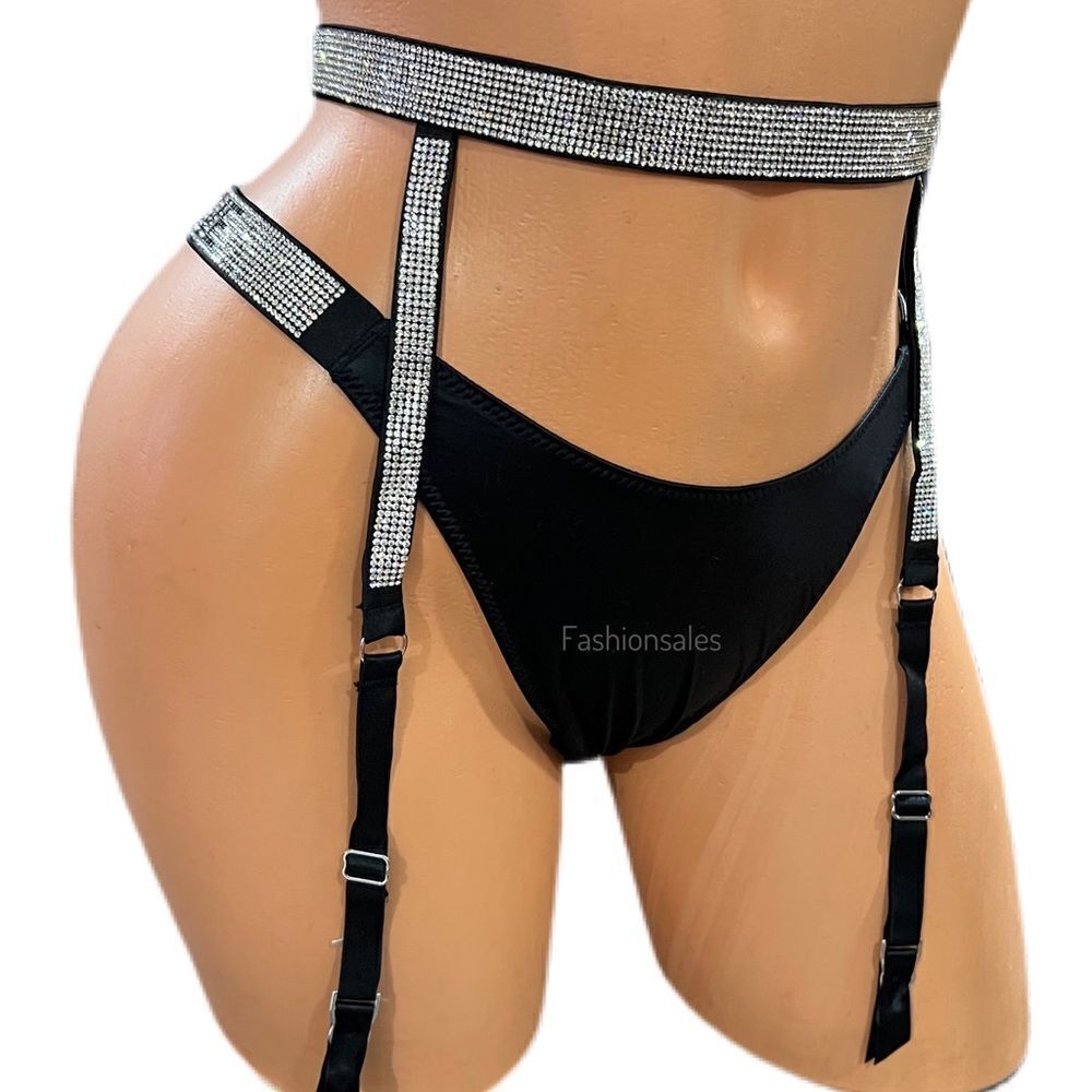 Victorias Secret Rhinestones Shine strap garter belt & Brazilian panty set black